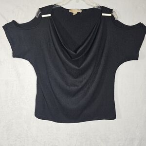 Michael Kors Black Drape Neck Gold Accent Cold Shoulder Short Sleeve Top Size L